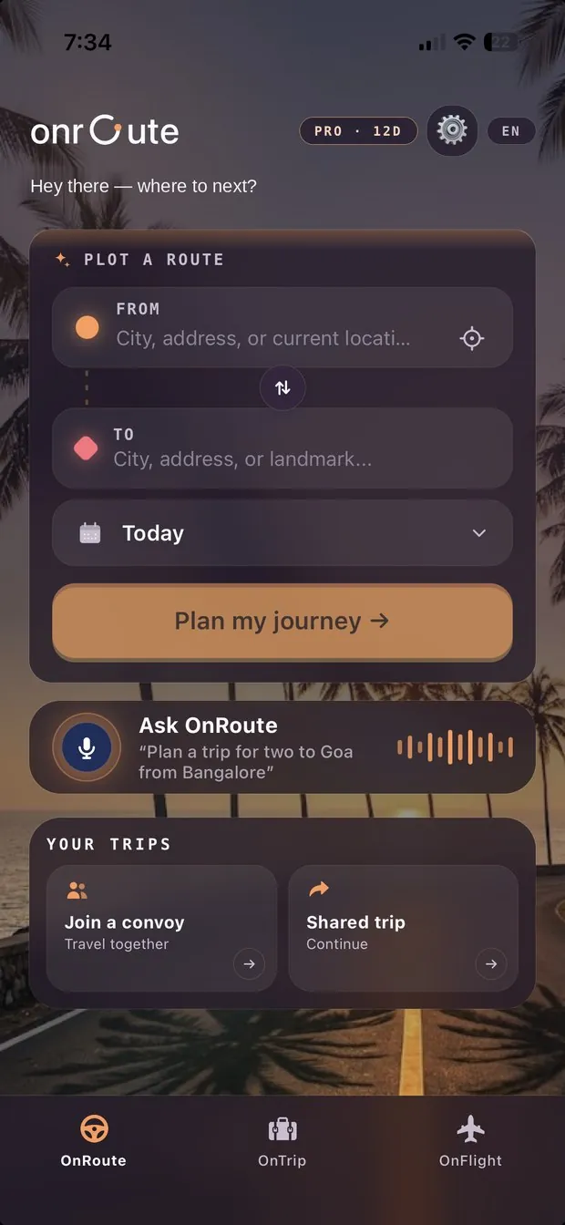 The OnRoute app's home screen: plot a route from one place to another, or ask OnRoute to plan a trip