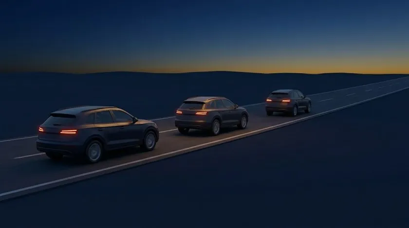 Three cars driving in convoy along a road at dusk