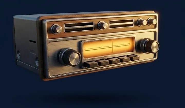 A vintage car radio with its dial glowing