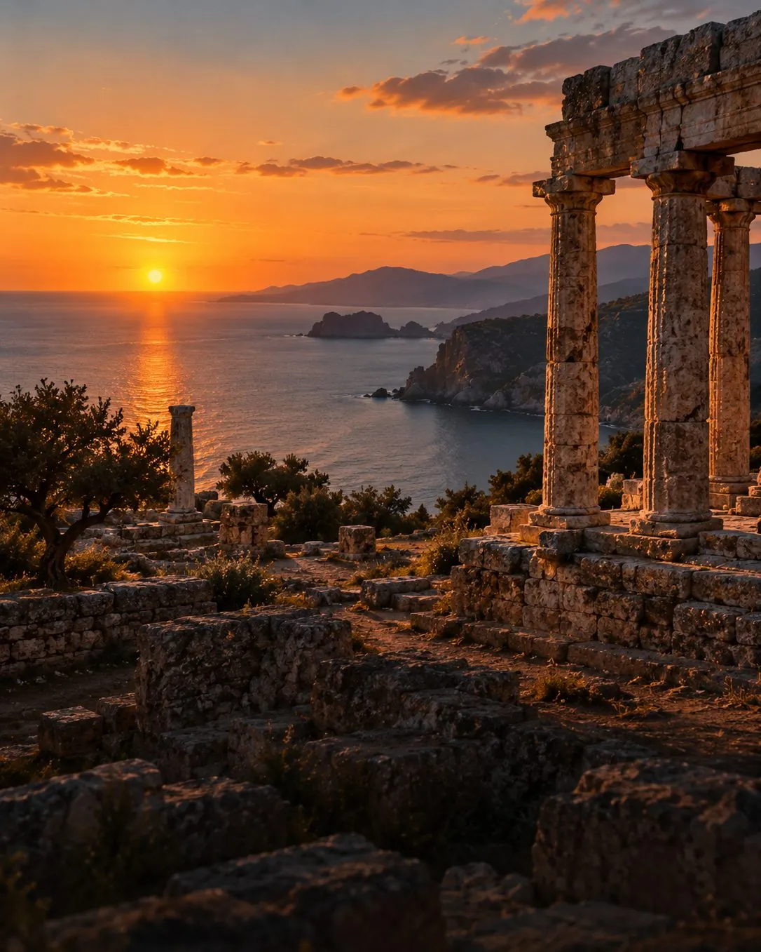 Ancient stone columns on a cliff above the sea at sunset