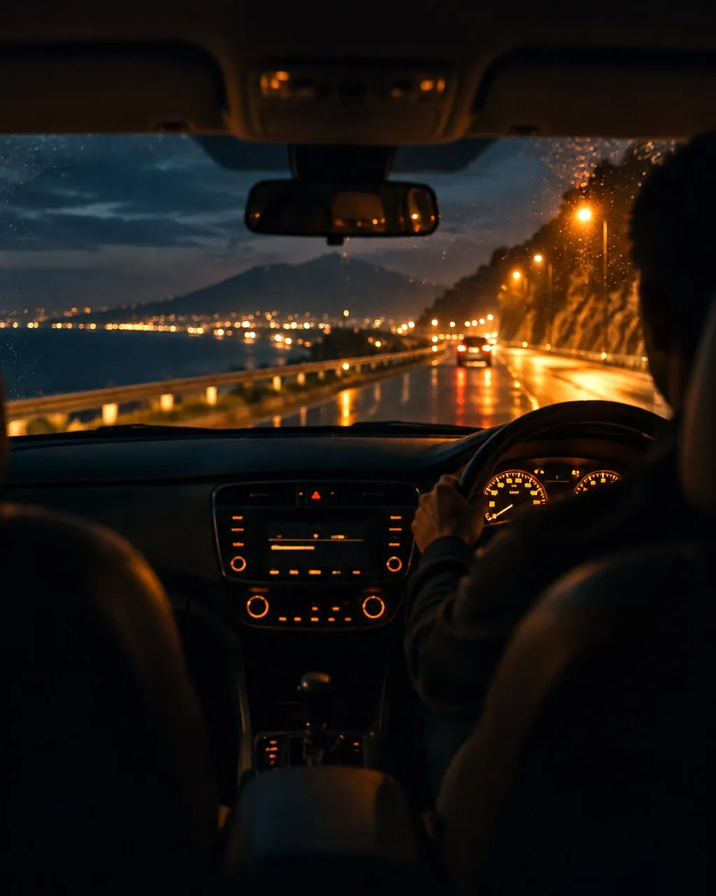 The view from a driver's seat at night, dashboard lit, a coastal road ahead