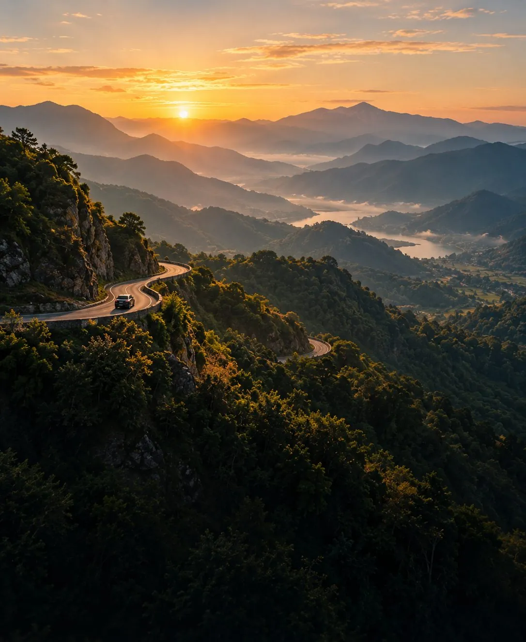A winding road through forested hills at sunrise